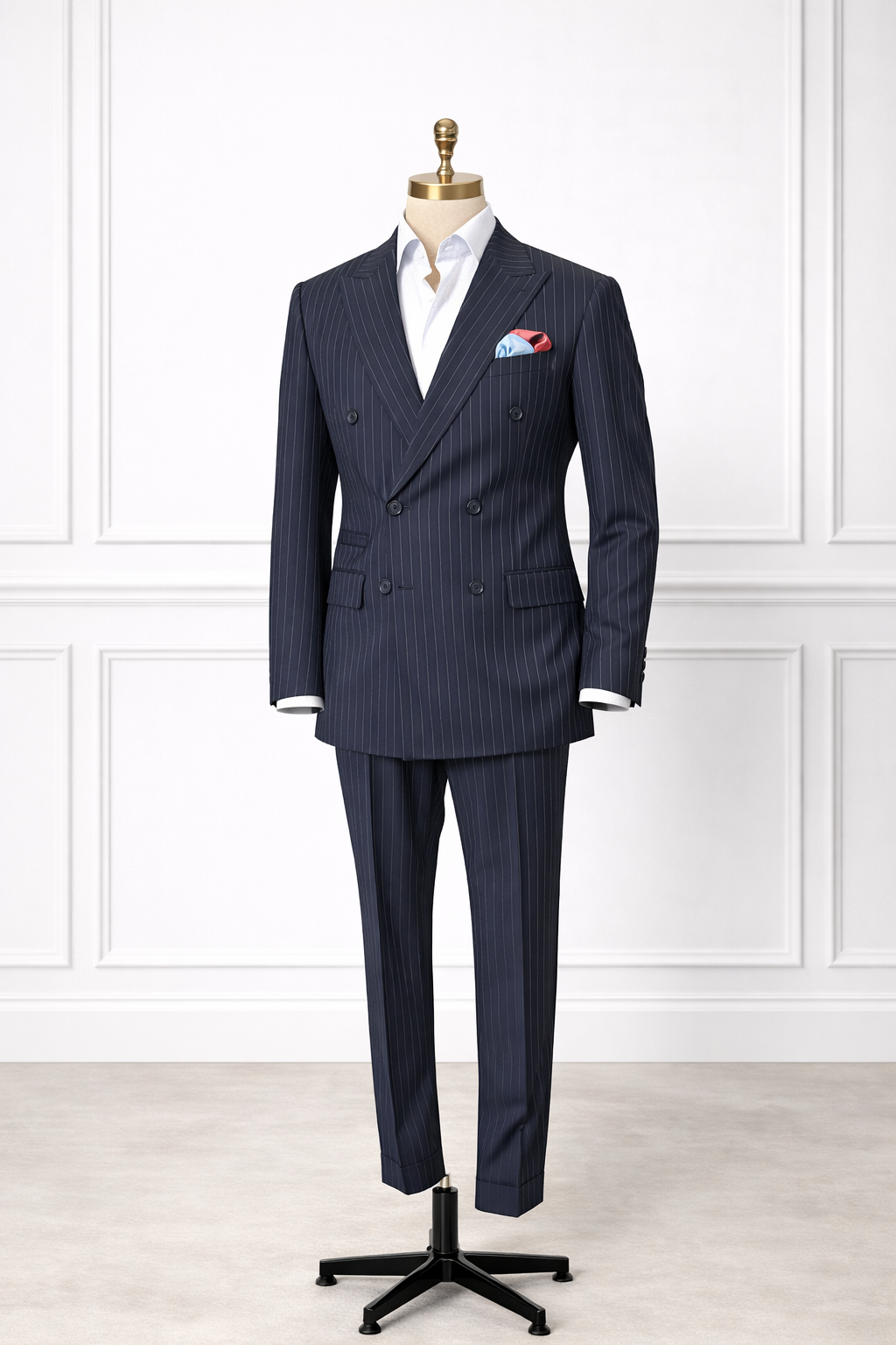 Traje Azul Marino de Doble Botonadura con Rayas Finas — Made in Italy