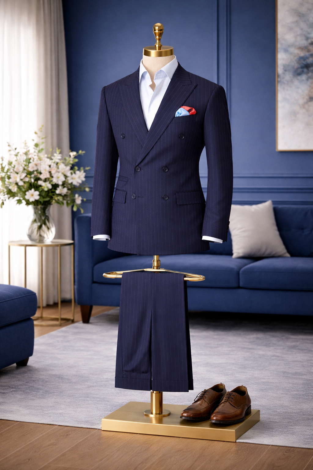 Traje Azul Marino de Doble Botonadura con Rayas Diplomáticas — Made in Italy