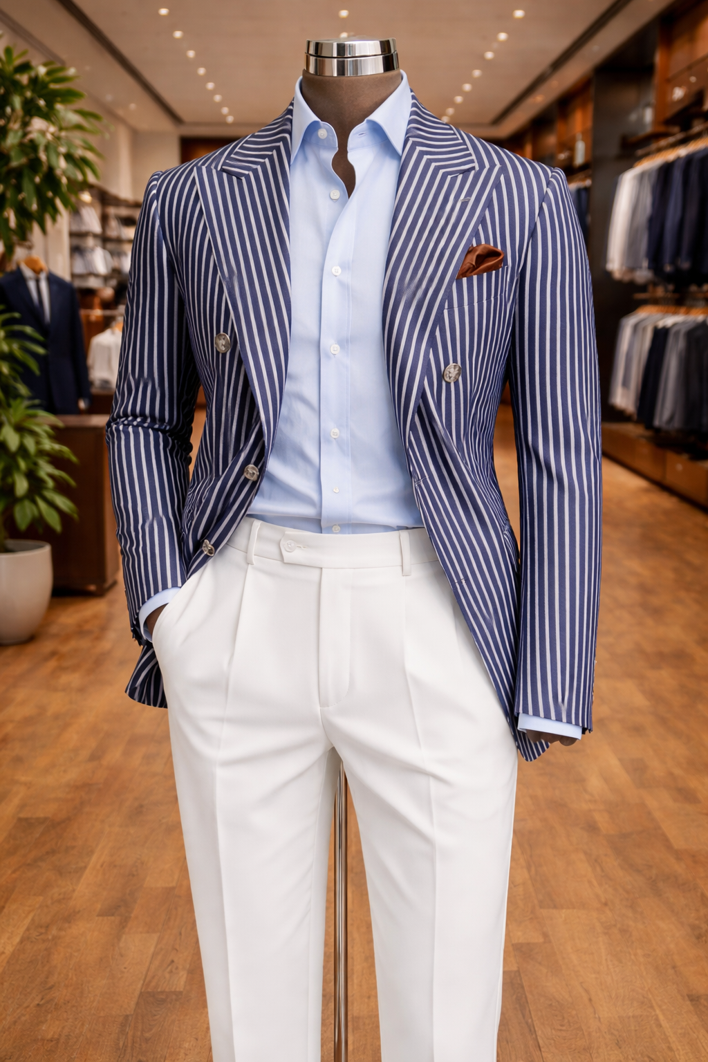Conjunto Spezzato Blazer de Rayas Azul Marino y Pantalón Blanco — Made in Italy