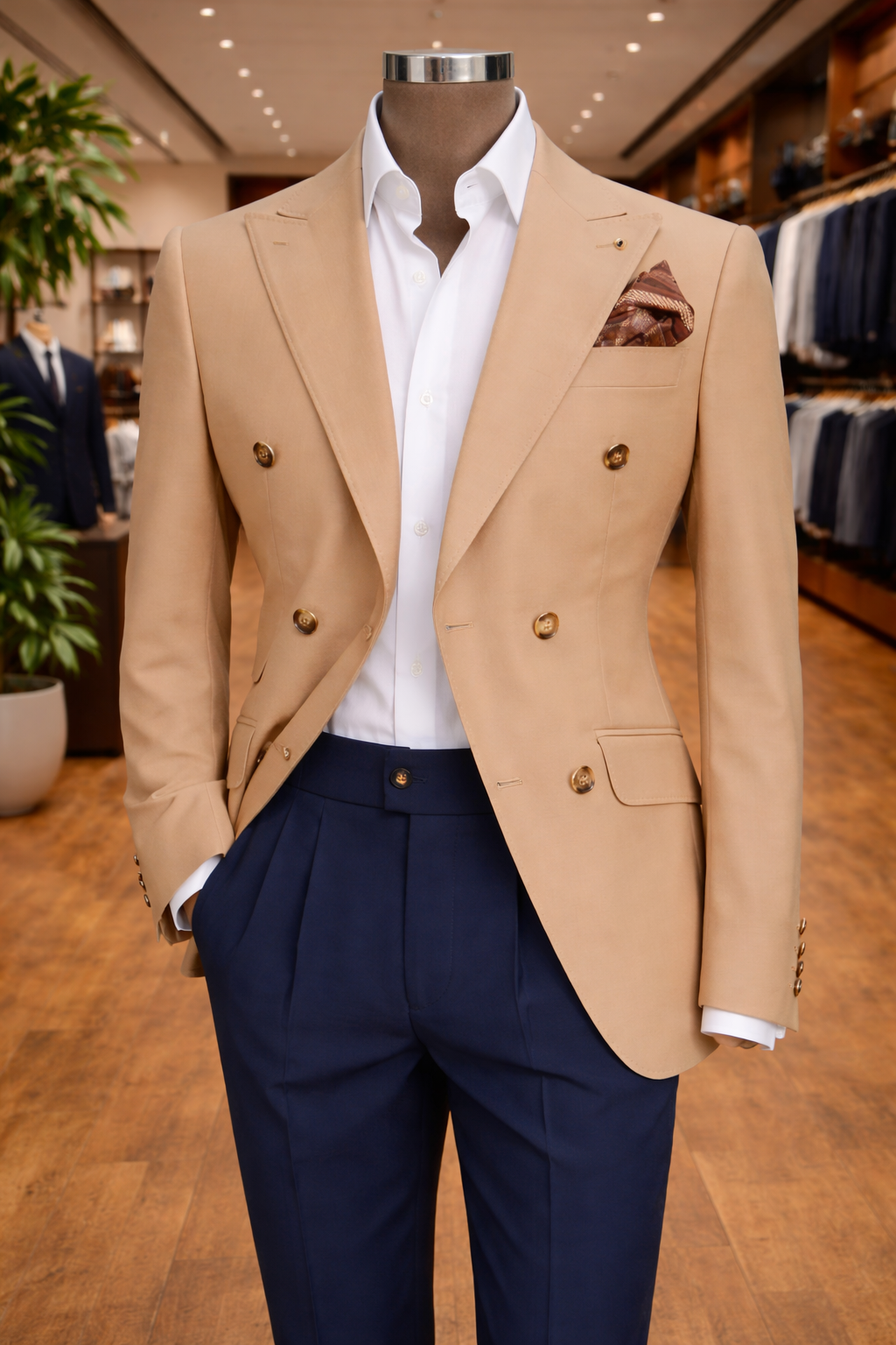 Conjunto Spezzato Blazer Camel y Pantalón Azul Marino — Made in Italy