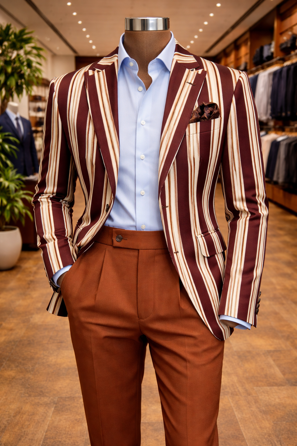 Conjunto Spezzato Blazer de Rayas Burdeos y Pantalón Terracota — Made in Italy